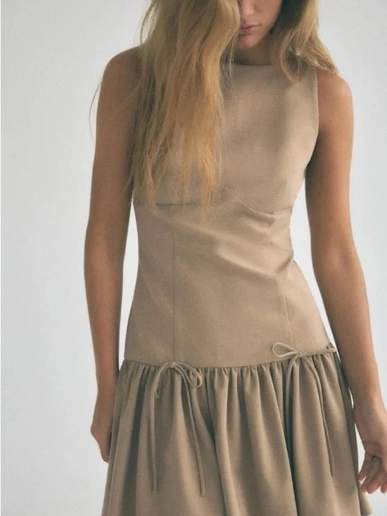 Zara Dresses & Skirts - Zara Tan Mini Dress with Waist Ties
